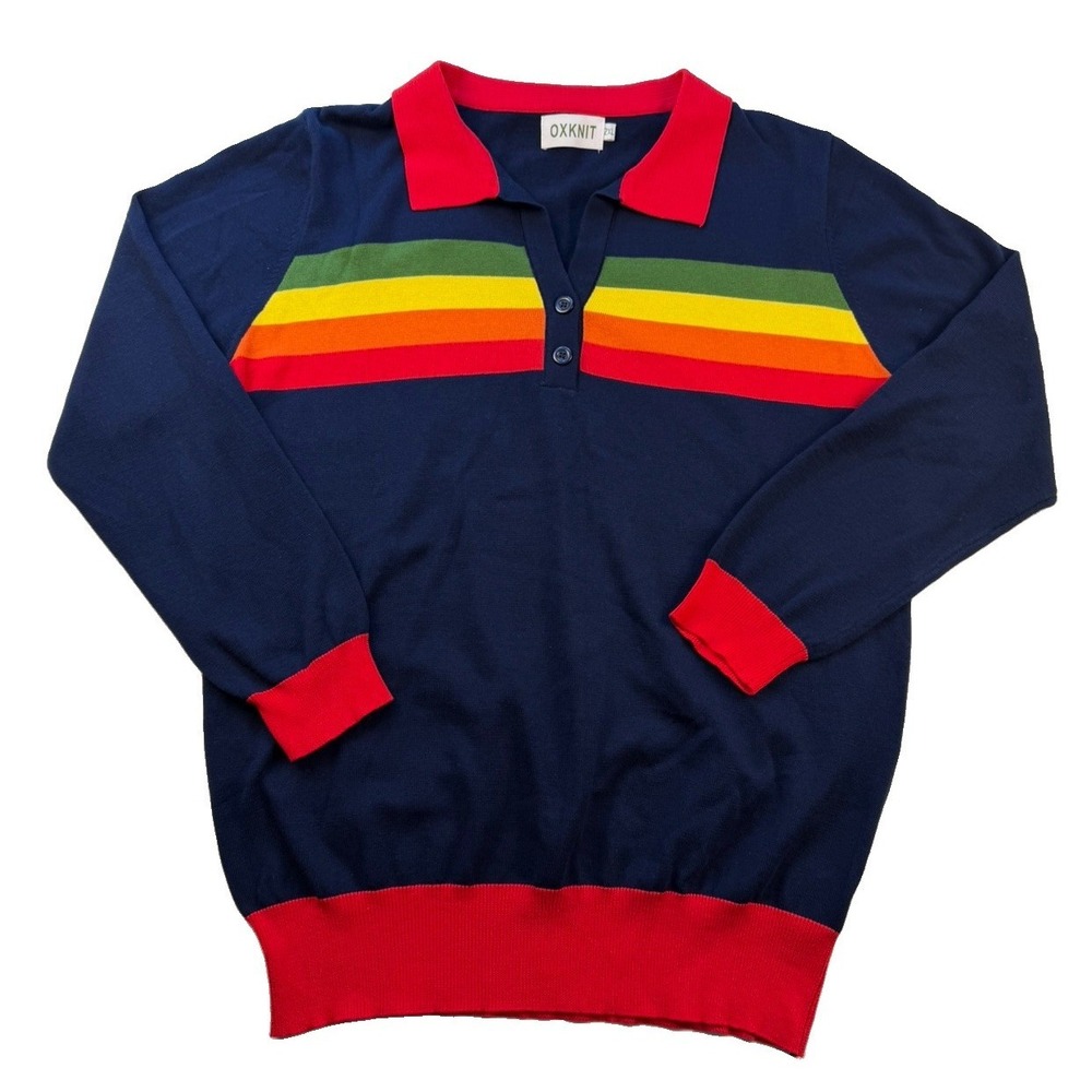 OXKNIT Rainbow Stripe Collared Knit Sweater Women's 2XL Retro Preppy Cotton